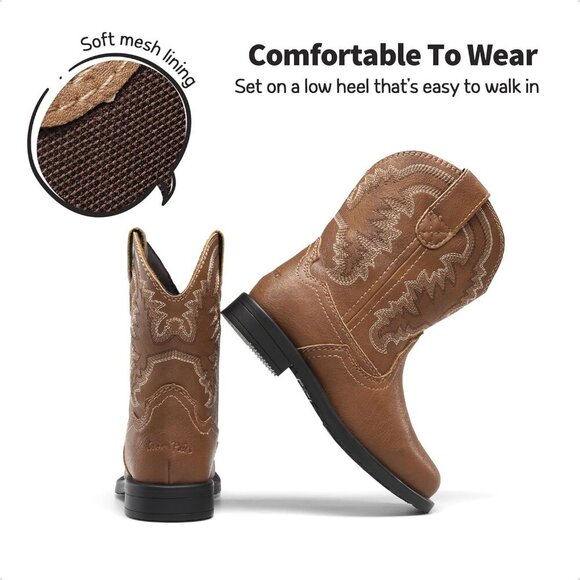 🆕 Men Brown Western Cowboy Boots Toddler Square Toe Riding Mid Calf Shoes - Picture 5 of 7